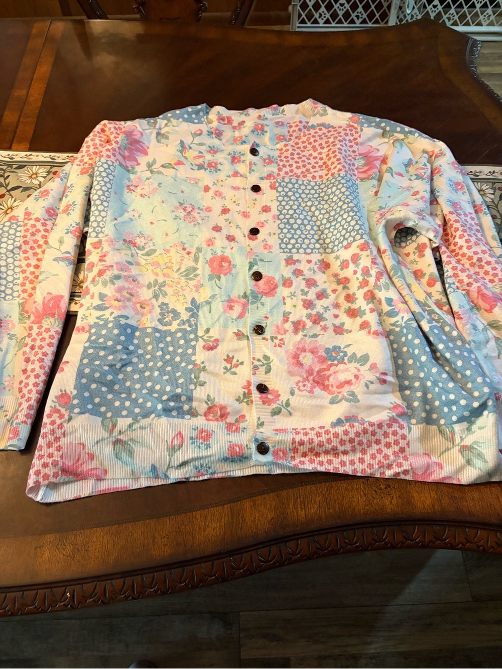 Floral Patchwork Button-Up Cardigan - Pink & Blue
